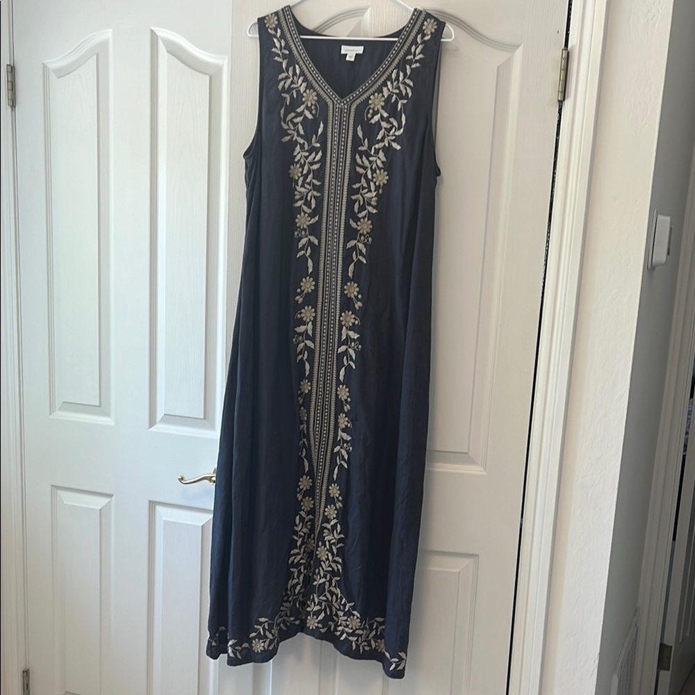 Elegant, embroidered, dark grey linen dress by JJill.